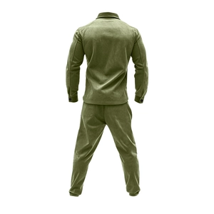 Back view of men's olive green suede tracksuit featuring a jacket and trousers on white backdrop