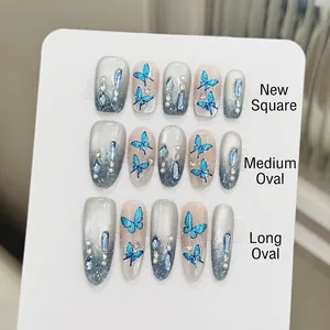 Blue Butterfly Press On Nails Gradient Silver Glitter Handmade Rhinestone Artificial Pearl Elegant False Nails For Women