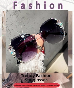 Detailed macro view of rimless gradient lenses with sparkling crystal flower embellishments
