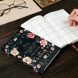 Vintage dark floral rose and dragonfly hardcover notebook with monthly planner pages