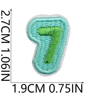 Detailed view of number 7 embroidery patch in green with exact size measurements