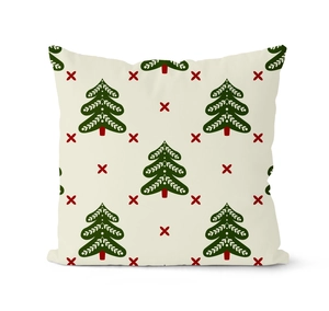 Detail der gewebten Stoffstruktur mit Tannenbaum und rotem X-Muster auf Kissenbezug