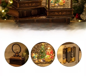 Detail of vintage Christmas lantern with PVC frame and battery compartment at bottom