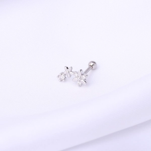 Polished silver 16G stainless steel stud earring with double flower zircon stones