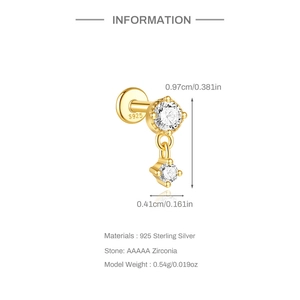 Detailed dimensions of 16G s925 silver piercing stud with zircon and gold finish