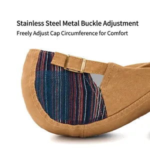 Retro newsboy hat detail featuring adjustable stainless steel buckle on canvas fabric
