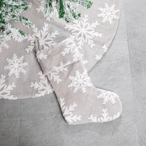 Grey and white snowflake Christmas tree skirt and stocking set in soft plush fabric