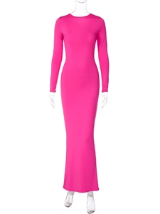 Detail view of rose red long sleeve slim fit maxi dress with elegant pleats