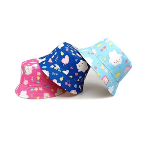 Three-pack cotton toddler sun hats with bear print in pink, navy, and light blue