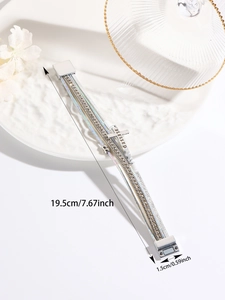 Detail view of multilayer PU leather bracelet with cross pendant and size dimensions