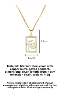 Detailed size specifications for a gold-tone hollow square pendant necklace with crystals