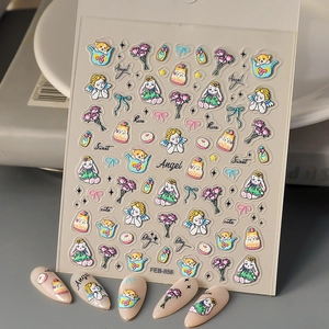 5D Embossed Nail Art Stickers Rose Garden Angel Rabbit Cat Bow Sweet Pastoral Style Waterproof DIY Manicure Decals