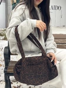 Large leopard print tote bag in dark brown faux suede for daily commute and casual use