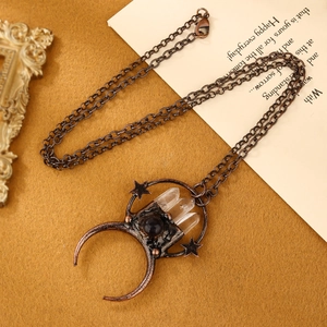 Vintage crescent moon pendant necklace with amethyst crystals in antique copper finish