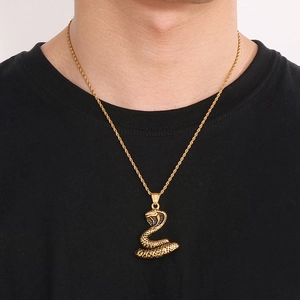 Detail of a golden cobra pendant and twisted chain necklace worn on a male model
