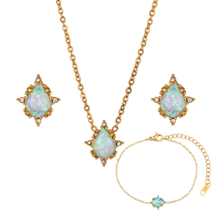 Detailed set of 18K gold plated teardrop opal necklace, earrings, and bracelet set