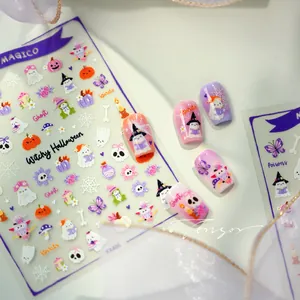 Detail of Halloween nail stickers with cute ghost and pumpkin motifs on purple nails