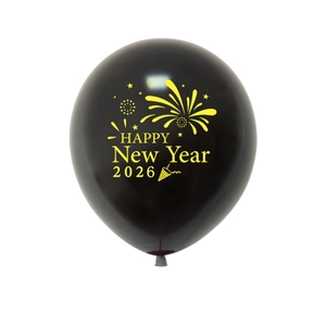 Detail view of a black 2026 Happy New Year balloon with gold text and fireworks print