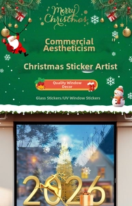 Detail showing UV printed golden reindeer and 2026 Christmas window static stickers