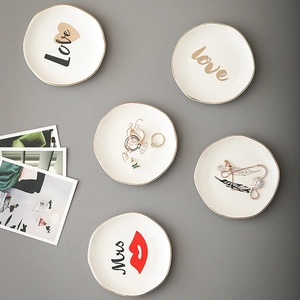 Ceramic Jewelry Dish Irregular Round Trinket Tray With Gold Rim Porcelain Ring Holder For Necklace Earrings Dresser Decor