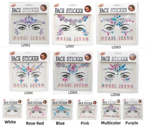 Multiple styles of colorful face gems and rhinestone stickers for EDM music festivals