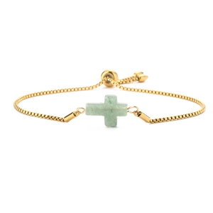 Adjustable golden box chain bracelet featuring a green natural stone cross pendant
