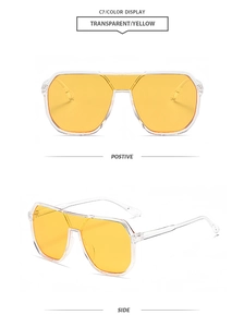 Detail view of transparent yellow pilot sunglasses showing front and side profile