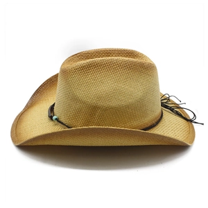 Retro-Stroh-Western-Cowboyhut mit schwarzer Kordel und blauer Perle auf Weiß