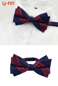 Macro detail of navy and burgundy striped pre-tied bow tie for wedding suits