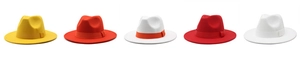 Classic wool fedora hats displayed in a row showing vibrant multi-color options