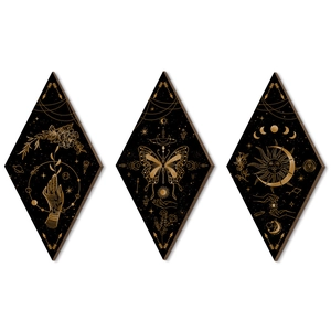 Set of 3 diamond-shaped wooden wall art plaques with moon phase and occult patterns