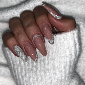 Almond Press On Nails Long French Tip Nude Pink Silver Glitter Sparkle Fake Nails Glossy Artificial Finger Nails For Women Daily Party