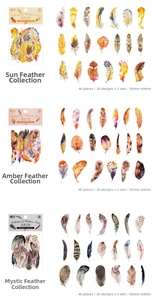 Detail of three feather sticker packs in yellow and amber tones for scrapbooking