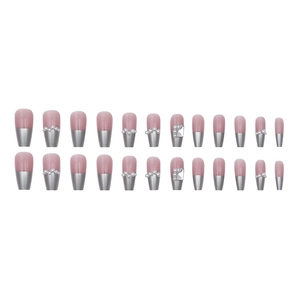 Pink and silver press-on nails set with elegant pearl accents on white background