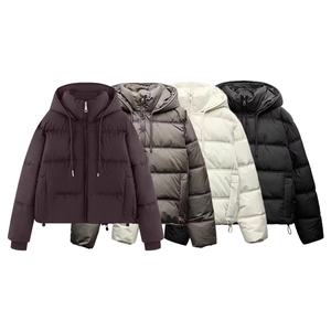 Damen Steppjacke Mit Kapuze Kurzer Wattierter Mantel Warm Locker Winddicht Reißverschluss Einfarbig Winterjacke