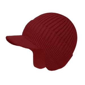 Detail of ribbed knit texture on burgundy winter hat with brim and ear flaps protection