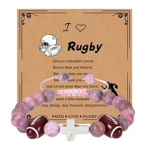 Pink zebra stone football bracelet with cross charm and motivational quote card
