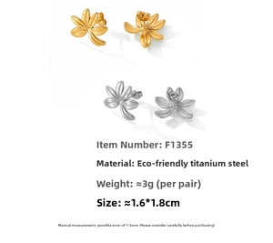 Detailed view of 18k gold and silver plated titanium steel flower earrings with dimensions