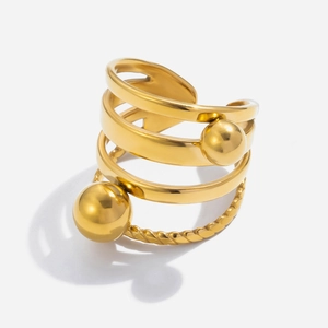 Minimalistischer mehrlagiger 18K Gold-Edelstahlring mit Metallperlen und gedrehter Textur