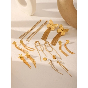 Elegant gold stainless steel butterfly and tassel earrings set for women fashion