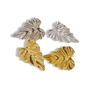 Elegant gold and silver leaf shape titanium steel stud earrings with natural leaf textures