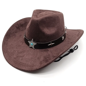 Detail of brown suede cowboy hat with turquoise star badge and adjustable chin strap