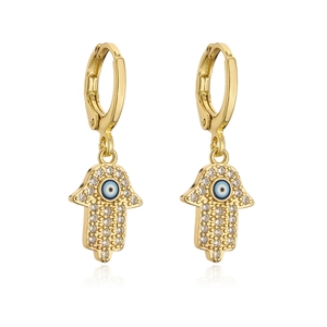 18K gold plated Hand of Fatima earrings with evil eye zircon on a white background