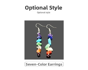 Detail of handmade silver hook earrings featuring seven colorful natural gemstone beads