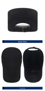 Detail of black military flat top hat with bronze adjustable metal buckle and stitching