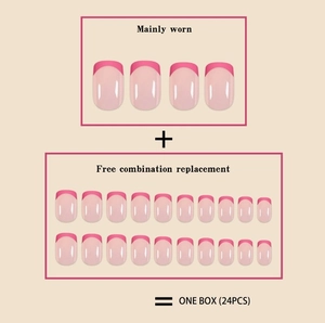 24-piece pink French press-on nails set with varied sizes on a stylized display