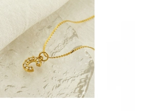 Detail of gold stainless steel necklace featuring a crystal-encrusted letter C pendant