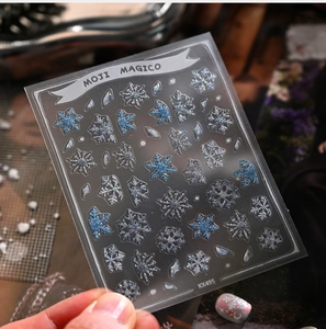 Close-up of glitter blue and silver snowflake nail art stickers on clear background