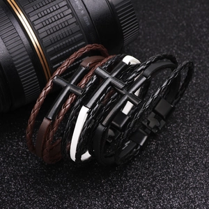 Set of 4 multi-layer woven leather cross bracelets in black and brown styles