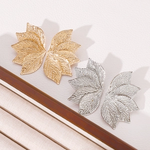 Detailed view of layered leaf earrings featuring metallic textures in gold and silver